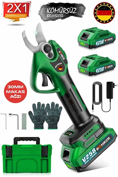 BÖHRER Akülü Budama Makası Red,2 X Batarya ,30mm Kesme Çapı,çift Kademeli Kes...