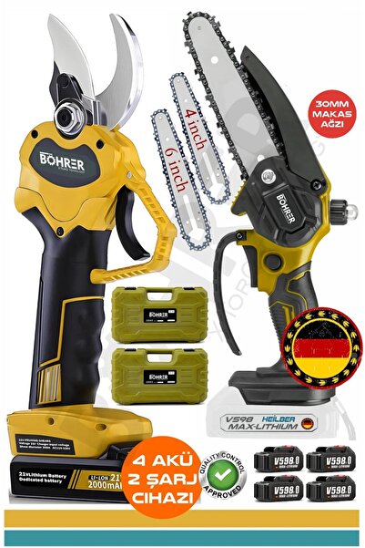 BÖHRER Alman Yellow V598 2000mAh 30MM Akülü Budama Makası + 15 CM Akülü Budama Testeresi, +4 Adet Batarya