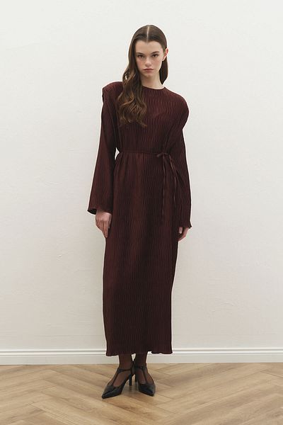 Hooopstore Aller Detailed Textured Brown Satin Dress