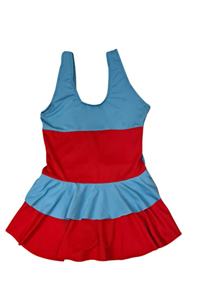 Butik Glowzia Mavi Kırmızı Kız Çocuk Elbiseli Mayo