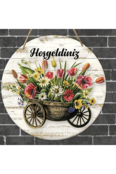 Dekor Vagonu Hoşgeldiniz Yazılı Çiçek Dolu El Arabası Kapı Süsü Rustik Bahar Dekorasyonu