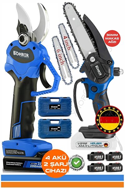 BÖHRER Alman Blue V598 2000mAh 30MM Akülü Budama Makası + 15 CM Akülü Budama Testeresi, +4 Adet Batarya