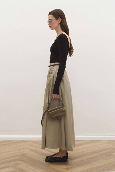 Hooopstore Lidia Pleated Detailed Sand Beige Skirt