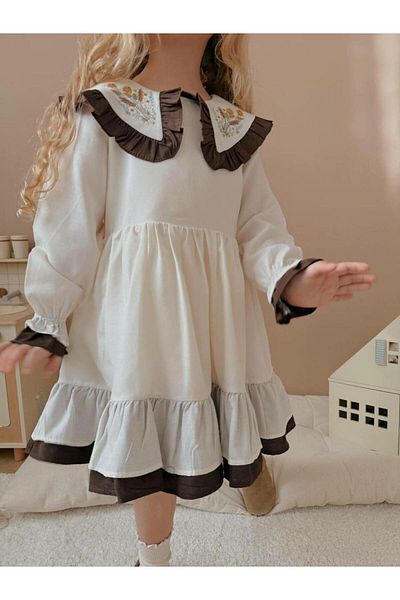 baume clothes Beige Girl's Dress with Flower Collar
