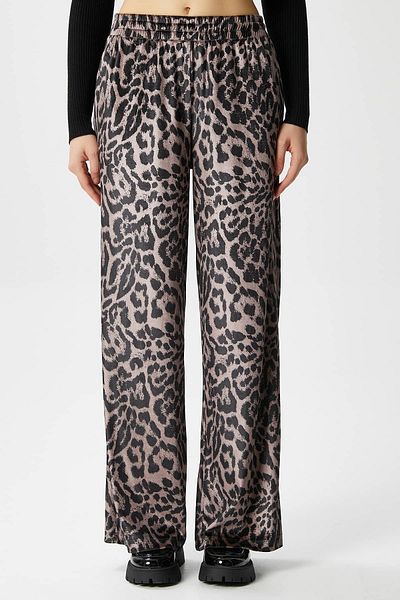 Ritnice Pantaloni de damă din catifea din piele, cu buzunare elastice în talie, bej leopard
