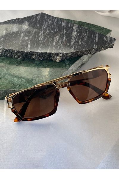 Mazzy Rectangular Design Gold Brown Women's Sunglasses