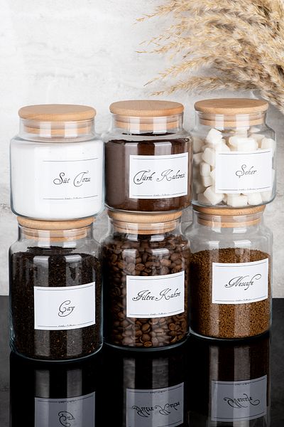 Dolkin Home Set of 6 Wooden Vacuum Lid Labeled Tea Sugar Filter Turkish Coffee Milk Powder Glass Jars 800-500 ml