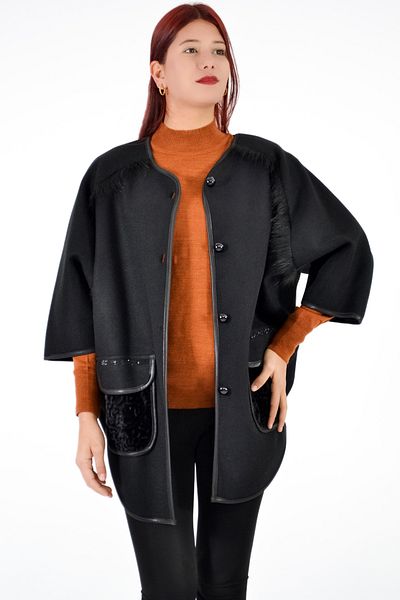Angora Shoulder Fringed Pocket Poncho-Black