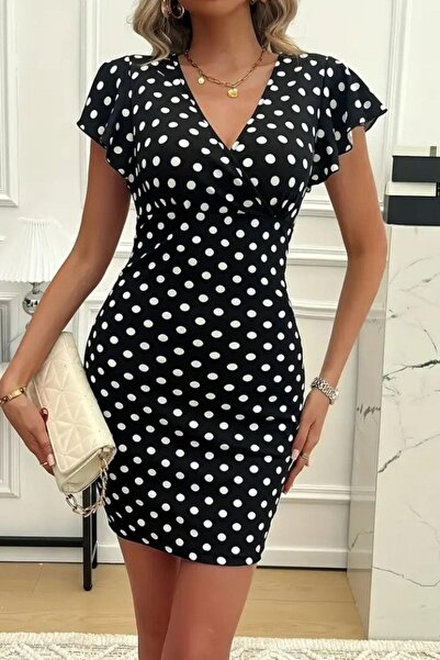 Mossta Double Breasted Collar Crepe Dress, Black Pattern