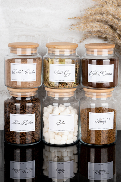 Dolkin Home 6lı Ahşap Vakum Kapaklı Etiketli Filtre Dibek Türk Kahve Şeker Bi...