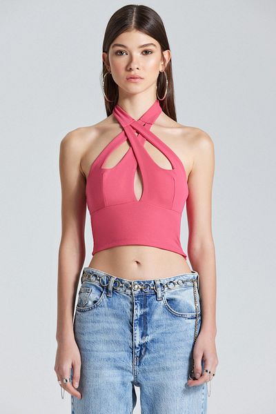 World Fashion Trends 2432 Ροζ μπλούζα με ανοιχτή πλάτη με λεπτομέρεια στο μπροστινό μέρος