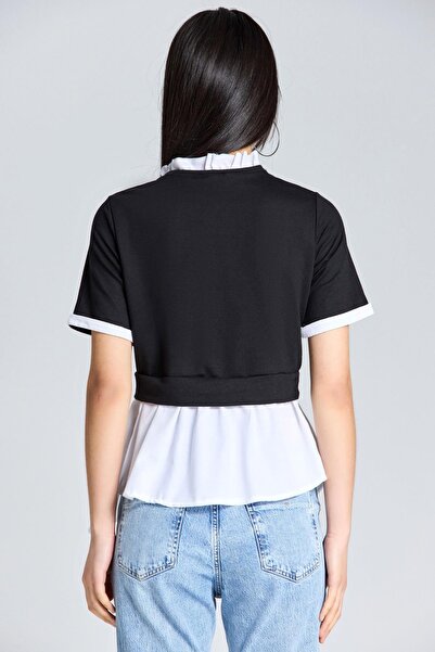 World Fashion Trends 1454 Μαύρη μπλούζα με βολάν γιακά και λεπτομέρεια πουκάμισου