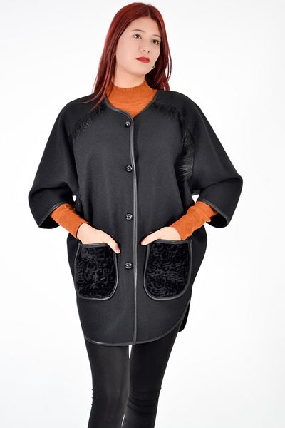 Angora Shoulder Fringed Pocket Poncho-Black