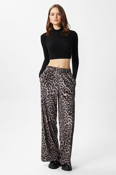 Ritnice Pantaloni de damă din catifea din piele, cu buzunare elastice în talie, bej leopard