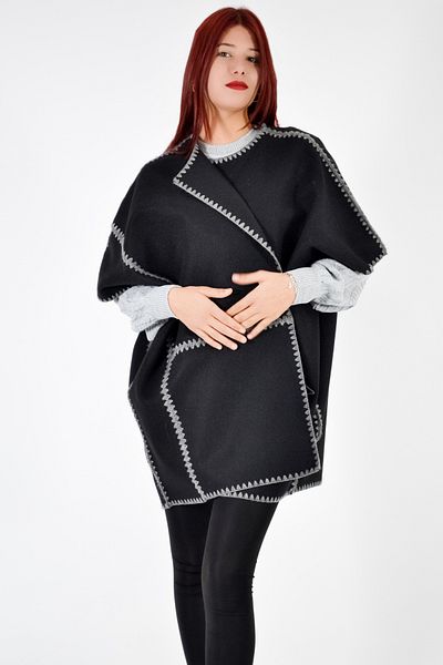 Angora Crochet Front Poncho-Black