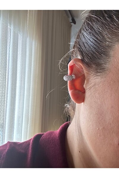 ADORN JEWELRY Özel Seri Boru Plaka Üzeri Zirkon Taş Detaylı Ucu İncili Silver Earcuff