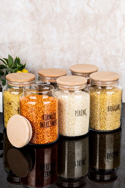 Dolkin Home Set of 6 800 ml Wooden Vacuum Lid Glass Jar Pulses Set with Transparent Labels