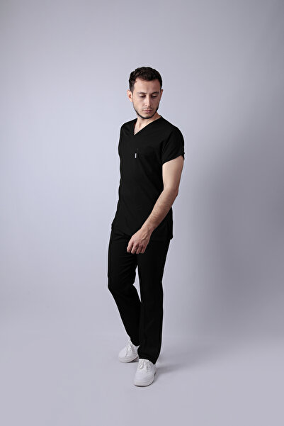 ACESO Siyah Likralı Doktor Hemşire Forması Unisex Scrubs Cerrahi Takım