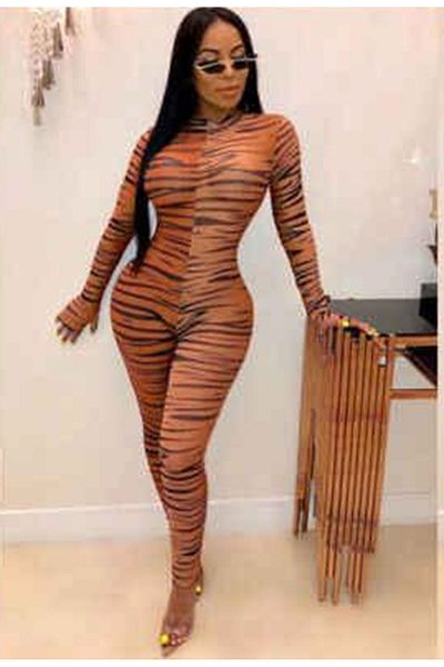 Lacis Brown Zebra Print Lycra Tulle Bodysuit