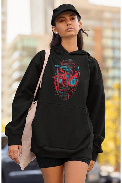 Fuddy Moda Unisex Spider Man Face Printed Hooded Sweatshirt, Oversize Spider Universe Themed Hoodie