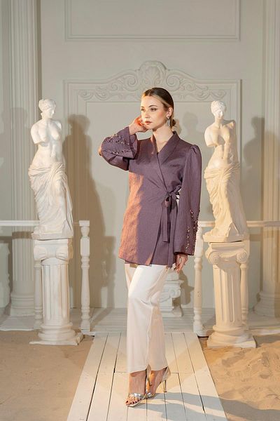 YAFA CLOTHING & ACCESSORIES Hand Embroidered Jacket Pants Double Suit Dusty Rose