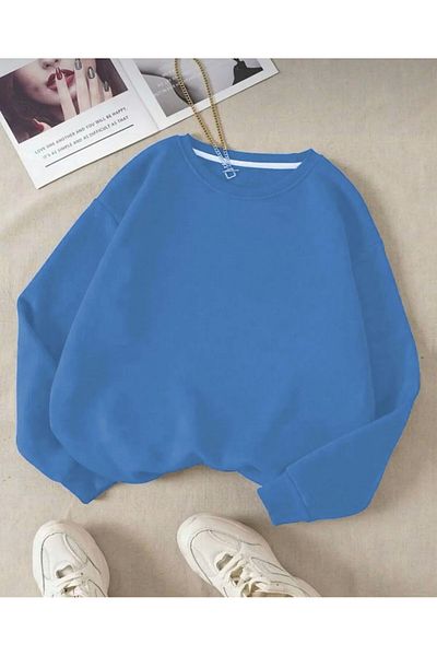 BLYDE LAYY Hanorac pentru damă, cu 3 fire, albastru indigo, uni, cu gât crew