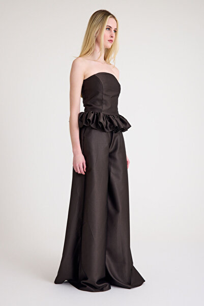 MERT ERKAN Striped Italian Suit Fabric Strapless Blouse & Wide Leg Pants Doub...