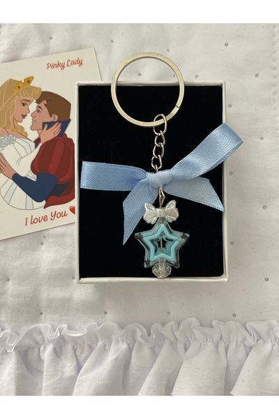 Pinky Lady Blue Bow Star Keychain