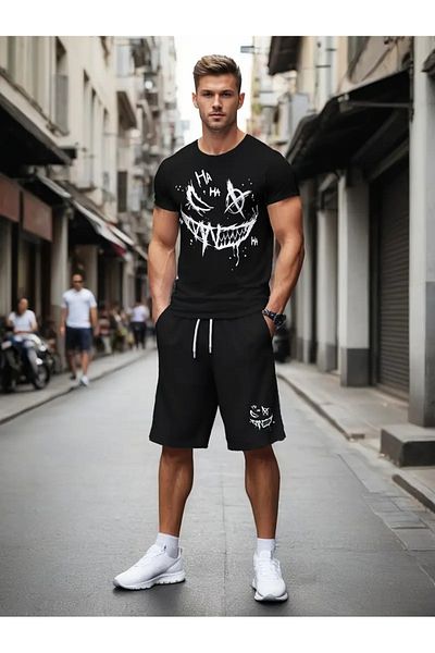 LAND MODA Casual Short Sleeve T-Shirt and Shorts Set for Men All over Printed Round Neck Pullover