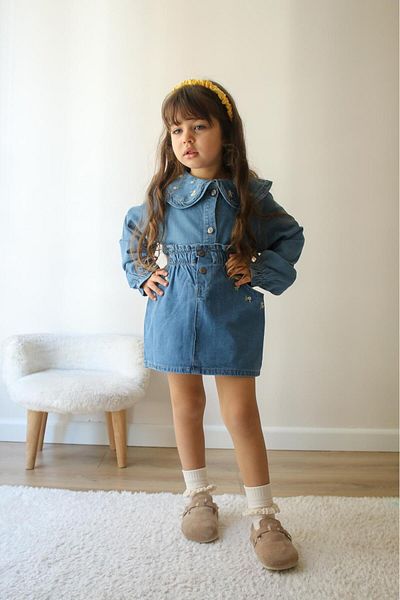 bakyaa Girl's Denim Doll Collar Flower Embroidered Elastic Waist Suit