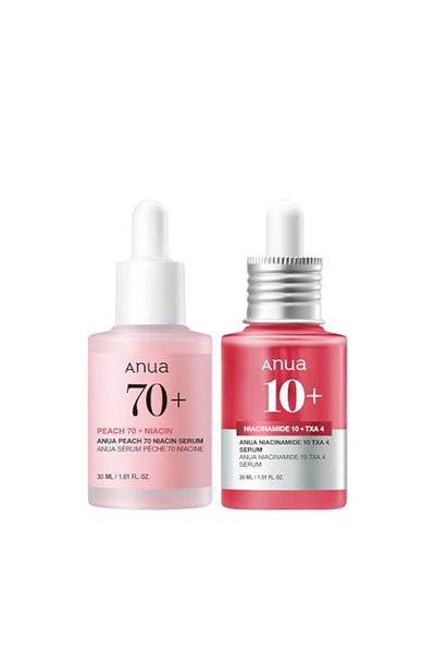 ANUA Pink Serum Duo for Glass Skin: Niacinamide + Tranexamic Acid & Peach Niacinamide Serum