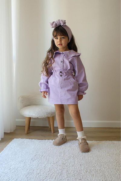 bakyaa Girl's Denim Doll Collar Flower Embroidered Elastic Waist Suit