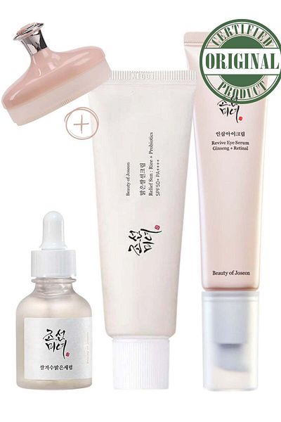 Beauty of Joseon مجموعة تجديد التوهج ومقشر الوجه - مصل العين، ومصل التوهج، وواقي الشمس البروبيوتيك SPF50+