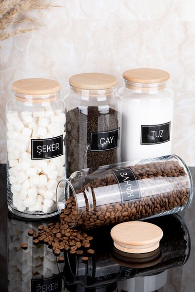 Dolkin Home Set of 4 Wooden Vacuum Lids Tea Sugar Coffee Salt Black Labeled Glass Jar Set Storage Container 1300ml