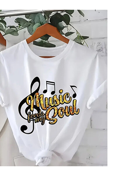 EXPECTED Unisex White Music Soul Μουσική Νότα με στάμπα Oversize Relaxed Cut ...