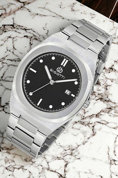 Bigotti Men's Wristwatch Bg.1.10164.5 - Silver and Black Color, Steel Case and Cord Bracelet Gift Zmb010