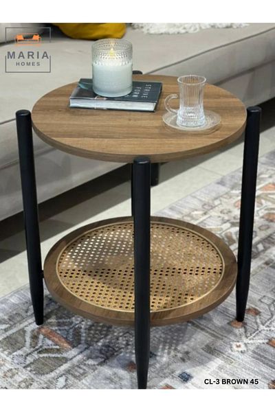 MARIA HOMES Round Wooden Side Table With Rattan Shelf Compact & Stylish Design, 45x55cm