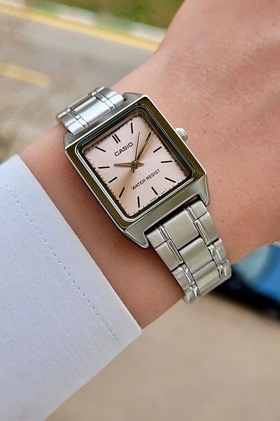 Casio Pink Dial Steel Bracelet Rectangle Case Women's Wristwatch - Zircon Stone Bracelet with Gift