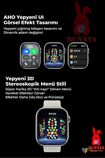Bunnys Omix X300 Uyumlu Pembe Akıllı Saat Watch10 2025 Hediyeli AMOLED EKRAN