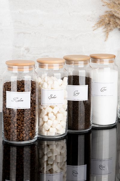 Dolkin Home Set of 4 Wooden Vacuum Lids Tea Sugar Coffee Salt Glass Jars with White Labels Storage Container 1300ml