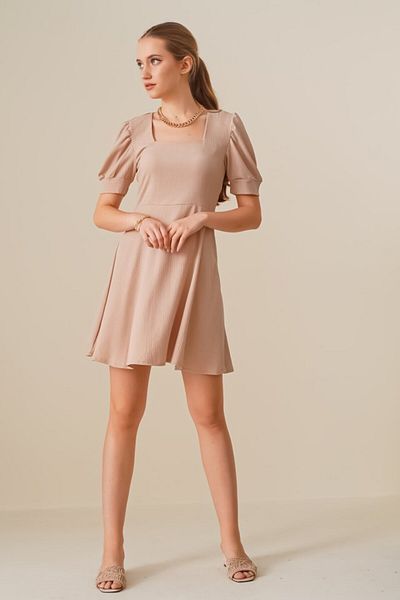 modaserdem 2339 Square Neck Knitted Dress - Biscuit
