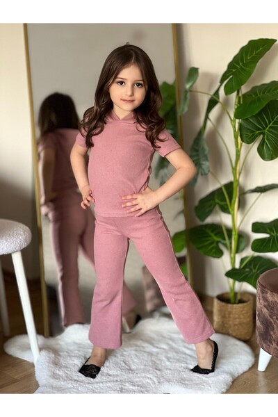 renkli diyar Girls Children's Bottom Top Suit Hooded Short Sleeve and Spanish Leg Trousers Nursery Kindergarten Primary School