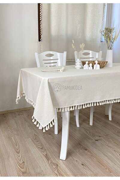 pamukidea Față de masă boemă din in organic, 100% bumbac, cu ciucuri crem