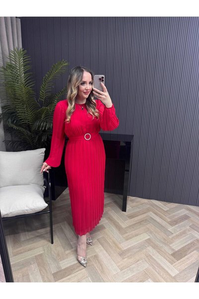 Byelifdursun Hürrem Gümüş Tokalı Tasarım Pilise Şifon Kumaş Elbise Kırmızı