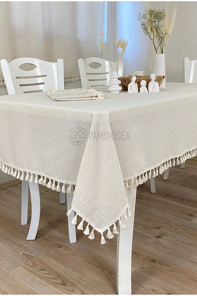 pamukidea Cream Tufted 100% Cotton Buldan Handwork Organic Linen Bohemian Tablecloth