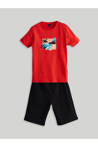 LC Waikiki Lcw Eco Orange Crew Neck Boy's Pajamas Set with Shorts