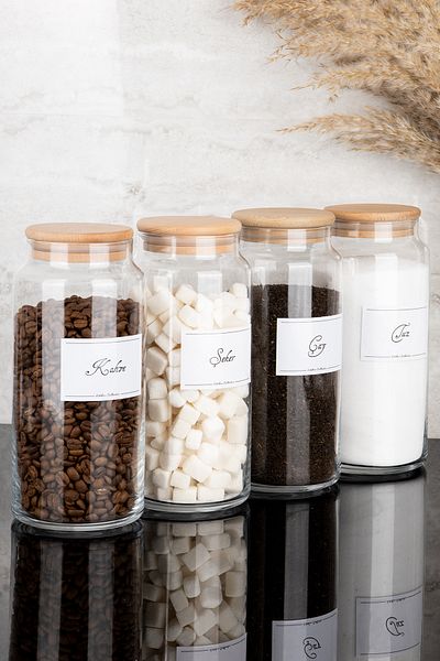 Dolkin Home Set of 4 Wooden Vacuum Lids Tea Sugar Coffee Salt Glass Jars with White Labels Storage Container 1300ml