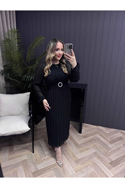 Byelifdursun Hürrem Gümüş Tokalı Tasarım Pilise Şifon Kumaş Elbise Siyah