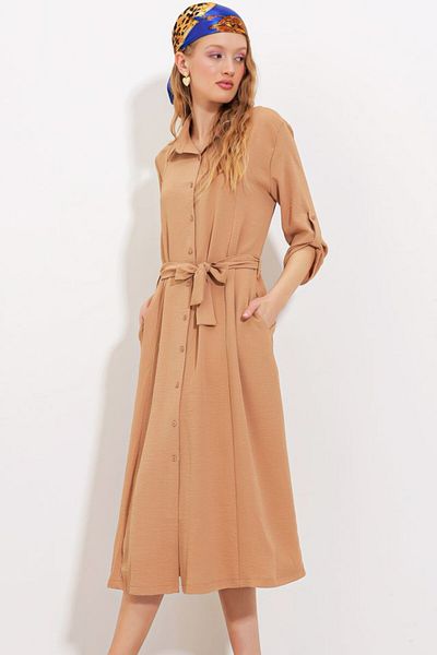 modaserdem Camel Belted Shirt Dress 2442