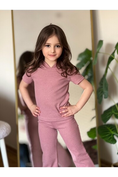 renkli diyar Girls Children's Bottom Top Suit Hooded Short Sleeve and Spanish Leg Trousers Nursery Kindergarten Primary School